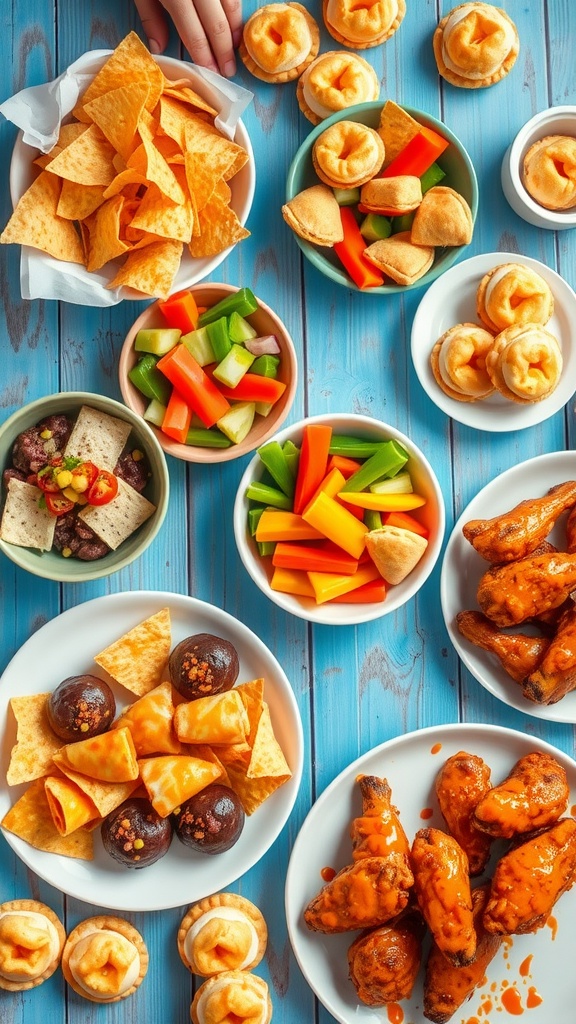 An inviting snack night dinner table with nachos, chicken wings, vegetable sticks, and mini pastries.